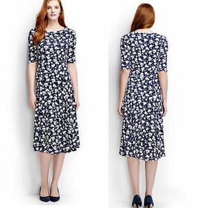 LANDS’ END Navy Blue White Floral Elbow Sleeve Midi Dress-XS